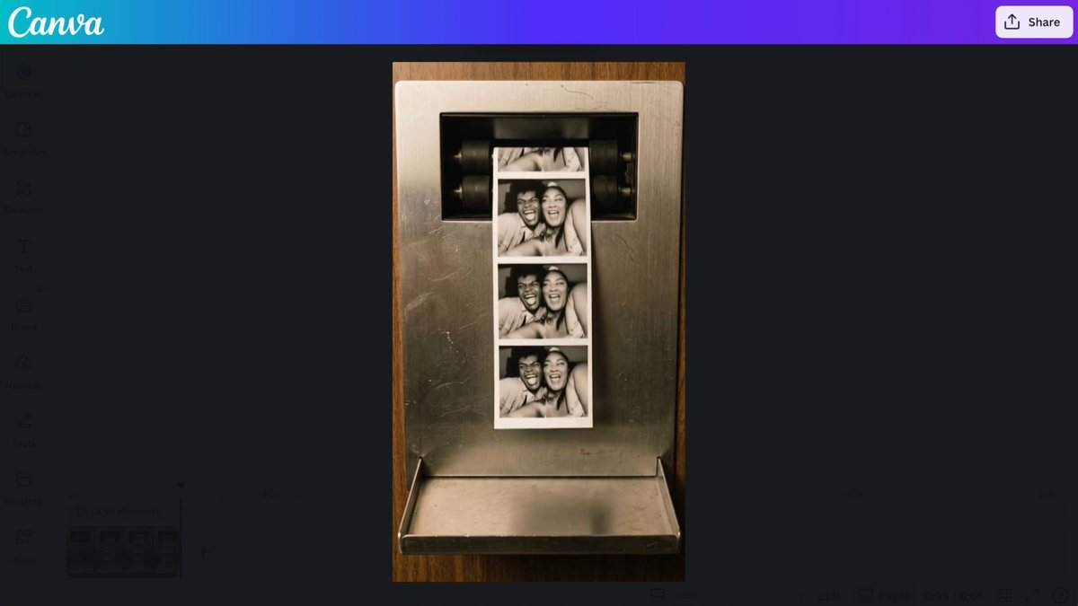 Get the photobooth effect without the photobooth. 📸 1️⃣ Choose your best photo 2️⃣ Select the “Photobooth” video effect on 3️⃣ Watch it turn into a whole strip of main character moments Share your snaps with us! #MadeWithCanvaAI