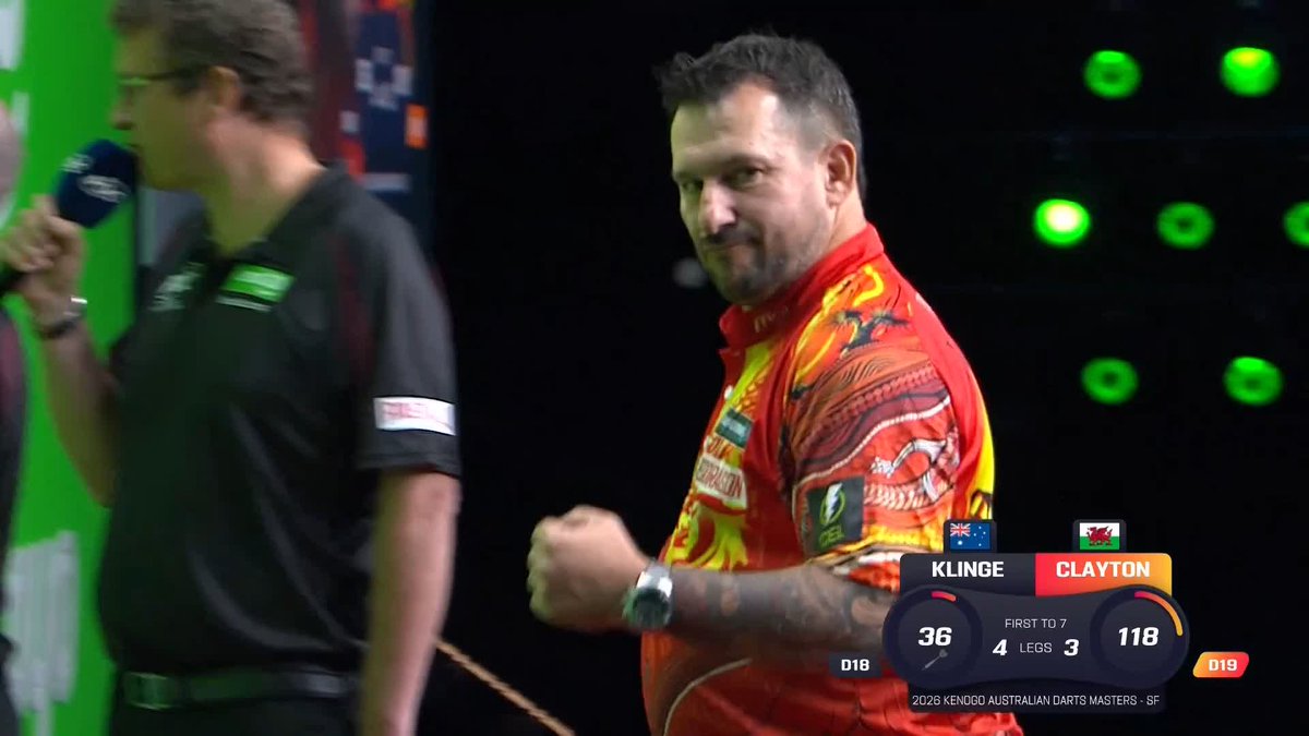 CLAYTON LEVELS! That is Jonny Clayton at his clinical best! With Brody Klinge poised to open up a 5-3 cushion, Clayton hits back with a clutch 118 checkout to level at four apiece! #AusDarts | SF 📺