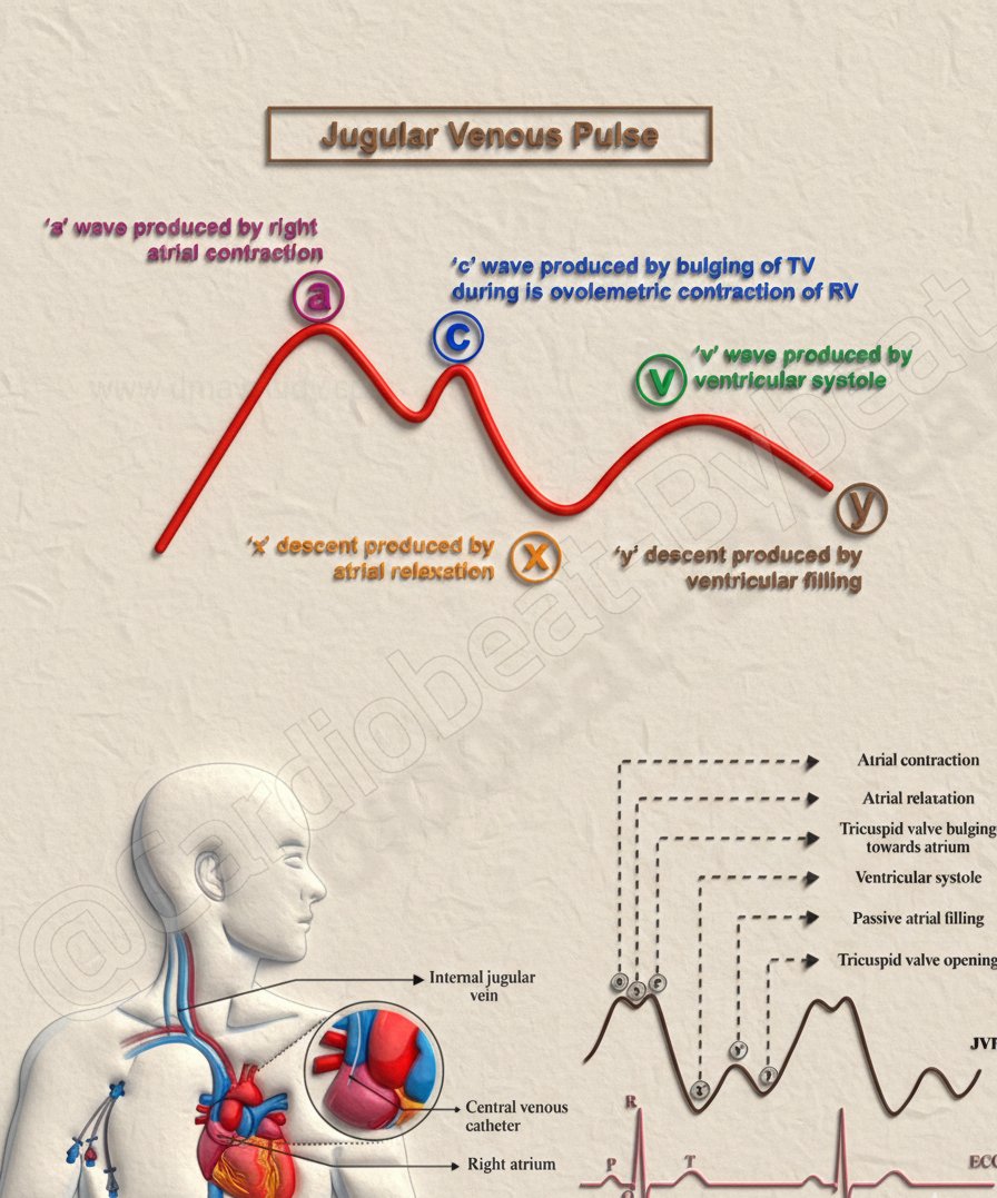 🫀 JVP: a window into right-heart hemodynamics. ‘a’ = atrial contraction; ‘x’ = atrial relaxation + TV descent; ‘v’ = atrial filling; ‘y’ = ventricular filling. 🚨 Cannon/giant ‘a’, absent ‘a’ & prominent ‘v’ signal pathology. #JVP #Cardiology #MedEd