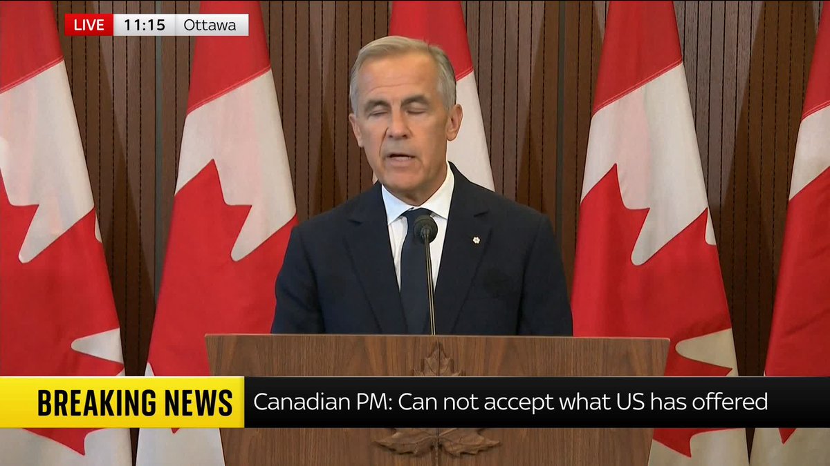 "They asked too much, and they offered too little." Canadian Prime Minister Mark Carney has announced the country will match 50 percent tariffs from Washington 'dollar for dollar' after trade negotiations with the U.S. broke down. 📺 Sky 501, Virgin 602