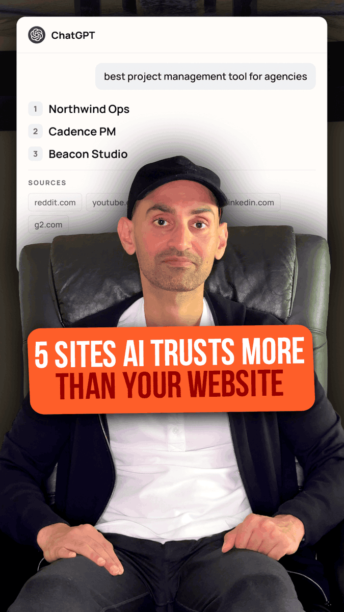 If you want ChatGPT to recommend your business, you need to be on the websites it trusts. My team ranked all of them and #1 is a site most marketers ignore. #5 G2. AI treats verified reviews as proof you're actually good. No reviews, no recommendation. #4 LinkedIn. Your posts there carry more weight with AI than your own website does. #3 Wikipedia. Neutral and boring which is exactly why AI believes it. Now the top two and neither one is a publication. #2 YouTube. AI reads every transcript. Every video you post is a document telling it what you're an expert in. And #1... Reddit. An anonymous forum beats every brand website on earth. Because AI doesn't trust what companies say about themselves, it trusts what strangers say when nobody's selling. Comment "CITED" for my AI visibility playbook.