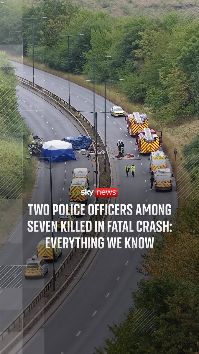 Seven people have died, including two police officers, in a car crash following a chase in the early hours of the morning on the A66 near Middlesbrough. The two police officers have been named by police as PC Matthew Blades and PC Tom Clough. Sky's Katie Barnfield reports from the scene. 🔗
