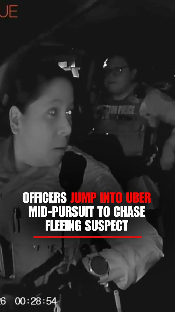 An Uber driver suddenly finds himself in the middle of a police chase when two Houston officers jump into his car and tell him to follow a fleeing suspect. "Go, go, go, go!" one officer shouts as Anthony Baines' dashcam captures the bizarre late-night pursuit unfolding around him. The officers ride with Baines for several minutes before spotting the suspect and jumping back out to continue the chase on foot. Police say the suspect fled while officers were trying to detain him after responding to a "terroristic threat" call involving an alleged threat to shoot a woman and her children. Officers continued searching but did not apprehend him.