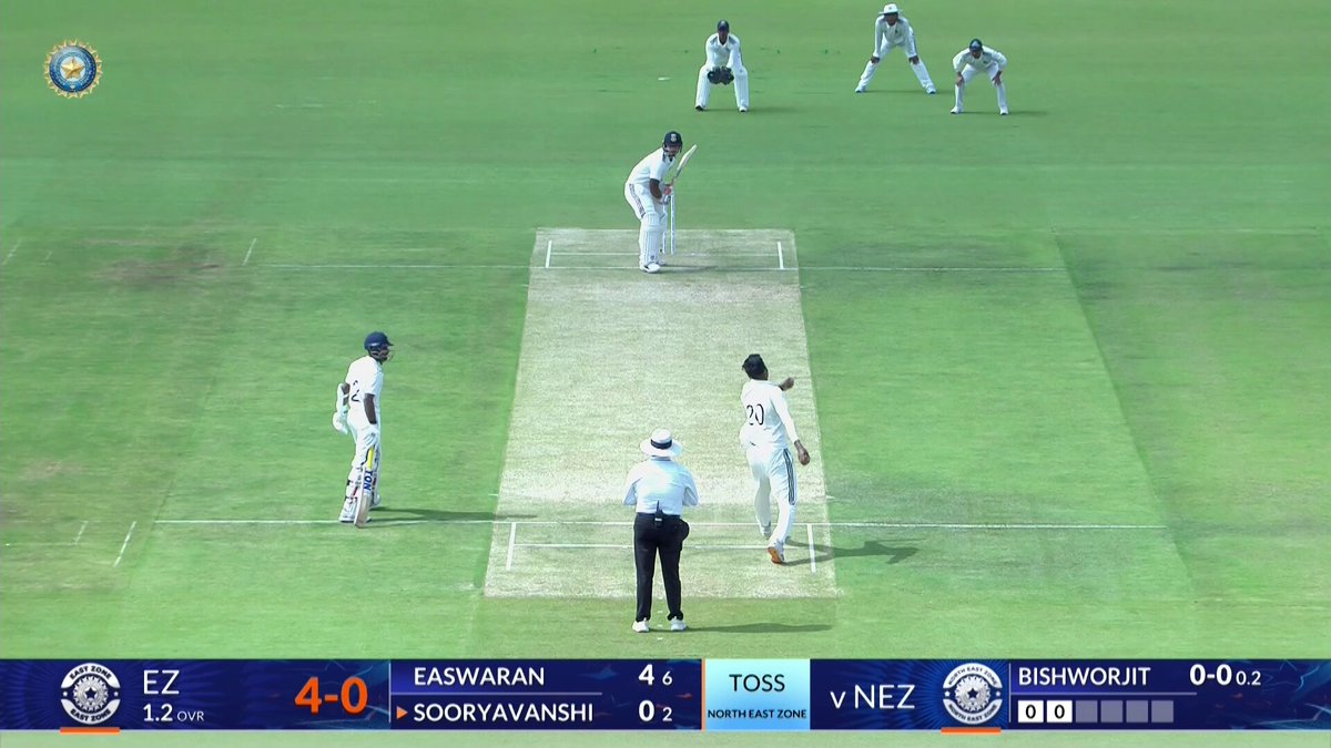 Exciting early battle 🔥 4️⃣,4️⃣,🇼 Bishworjit Konthoujam wins the contest against Vaibhav Sooryavanshi 👌 #DuleepTrophy Scorecard ▶️