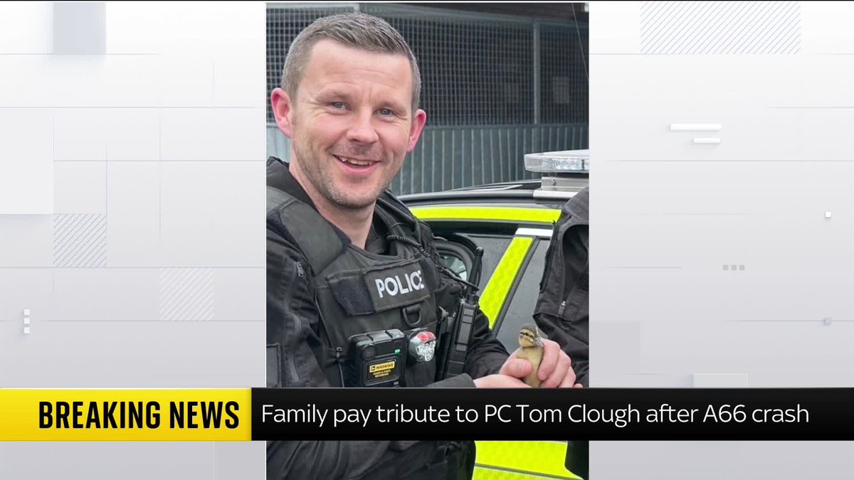 The family of one of the two police officers killed in a crash near Middlesbrough yesterday have paid tribute to their "hero". PC Tom Clough, 38, was killed when a Passat travelling the wrong way down the A66 collided with their vehicle. Sky's @KatieBarnfield reports ⬇️
