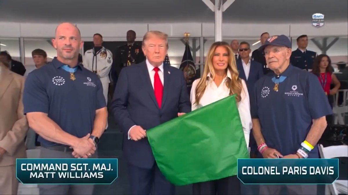 "Medal of Honor recipients, Command Sgt. Maj. Matt Williams and Col. Paris Davis, delivered the green flag to President Trump — which he will wave to start this race." 🏁🇺🇸