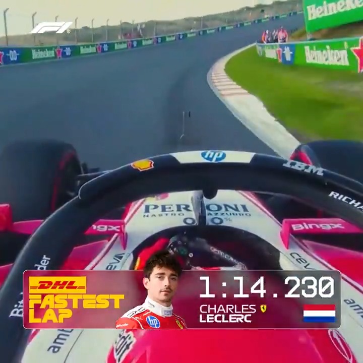 Charles Leclerc clocked the DHL Fastest Lap at the Dutch Grand Prix 👏 The Ferrari driver's effort saw him climb to second place in the overall standings 👉 #F1 #DutchGP DHL_Motorsports