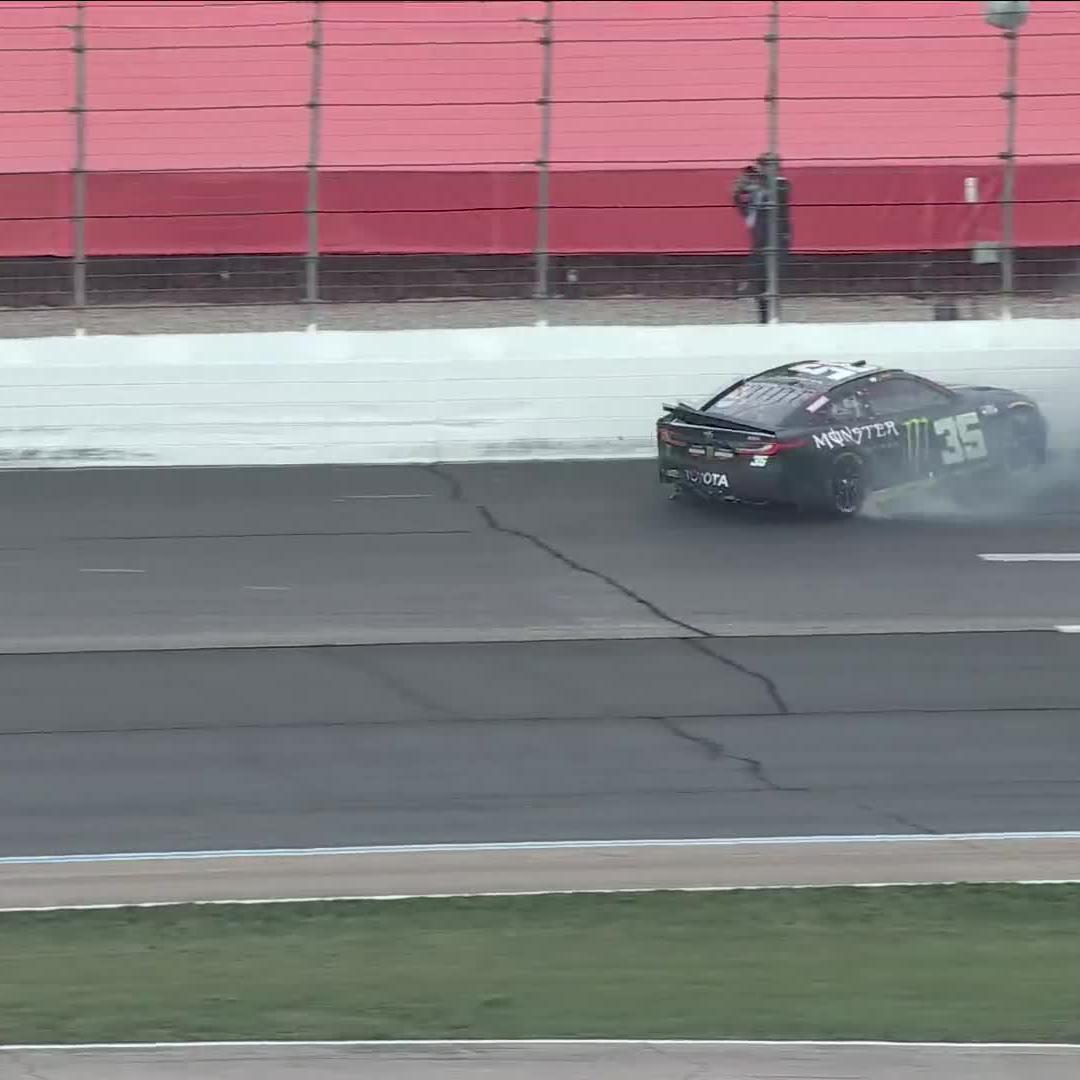 Trouble for Riley Herbst! The No. 35 Toyota spins after contact with Michael McDowell.