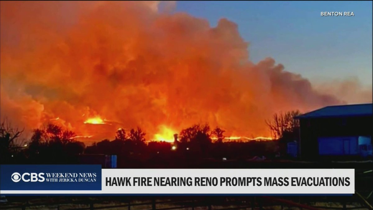 Thousands of people have been evacuated in Reno, Nevada, as a fast-moving wildfire closed in on the city on Sunday. The so-called Hawk Fire has grown to 13,000 acres and threatened hundreds of homes. At least 200 new fires also erupted nationwide this weekend. CBS News’ Jonathan Vigliotti 🐋 has more.