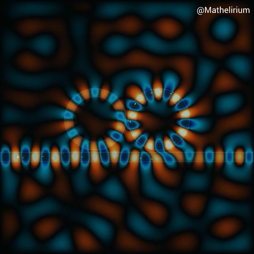 This is an animation of a Photonic Molecule. Light becomes trapped inside a tiny ring and then coupled into another without the two ever touching. The scene is evolved from Maxwell's equations using Finite Difference Time Domain (FDTD) on a dense Yee grid.