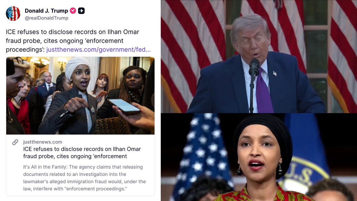 🚨 NOW: President Trump just posted that ICE has an OPEN INVESTIGATION into Somali Rep. ILHAN OMAR The federal government is refusing to turn over records related to an IMMIGRATION FRAUD probe into Omar — because it's "ongoing" THERE IT IS! 🔥 Send the pirate back. She committed fraud to get here by marrying her brother, MINIMUM. Time to go back.