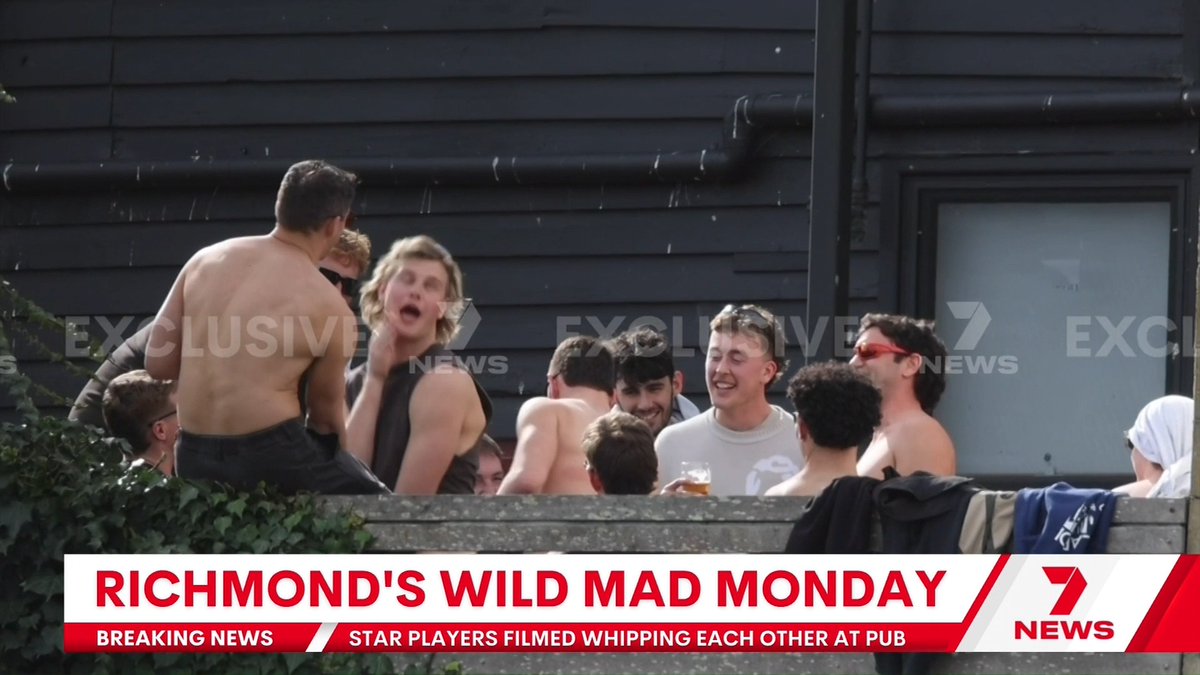 EXCLUSIVE: Richmond footy players were filmed engaging in wild behaviour during Mad Monday celebrations in Garfield, a small country town south-east of Melbourne. The footage shows shirtless players whipping each other while drinking alcohol, with one player pulling down his pants. NickMcCallum7