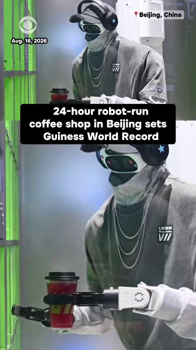 Coffee in under 30 seconds — made entirely by a robot. A 24-hour robot-operated coffee shop has opened in Beijing. On its opening day, it served 202 cups in one hour, setting a Guinness World Record. [Video: CBS News]