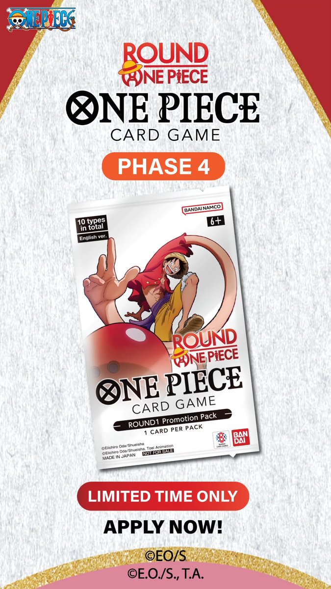 ONE PIECE CARD GAME -ROUND1 Promotion Pack- Register to purchase limited-edition cards and celebrate the ROUND ONE PIECE collaboration! Entry Open: August 24, 2026 at 10AM PT Pickup Period: September 7, 2026 at 10AM – September 13, 2026 (when your designated Round1 venue closes) Participation in the Program is subject to the ONE PIECE CARD GAME ROUND1 Promotion Pack Phase 4 Program Terms and Conditions available at which govern in all respects.