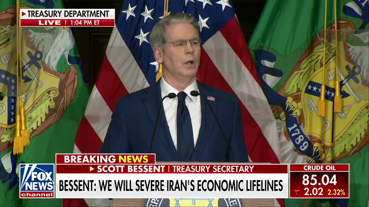 BREAKING: Treasury Secretary Scott Bessent gives Iran a major economic ultimatum, declaring the regime can choose between isolation and economic collapse or a return to normalcy and an opportunity to rejoin the global economy. The announcement marks the launch of an aggressive, new financial strategy aimed at squeezing Tehran's remaining economic lifelines. "Iran now faces a very clear choice, with only two paths before them. Complete global isolation and a subsistence economy, or a path back to normalcy with an opportunity to rejoin the global economy." "Today, we are launching Operation Economic Outcasts to foreclose every other option available to the Iranian regime."