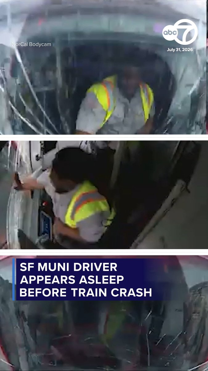 Video obtained by NorCal Bodycam and shared with ABC7 Eyewitness News appears to show a San Francisco Muni operator asleep before a July 31 crash involving two empty trains, shattering window glass. SFMTA says the incident is "unacceptable," but it was the second time in a year a Muni driver has been caught on video falling asleep. For more information, click the link below