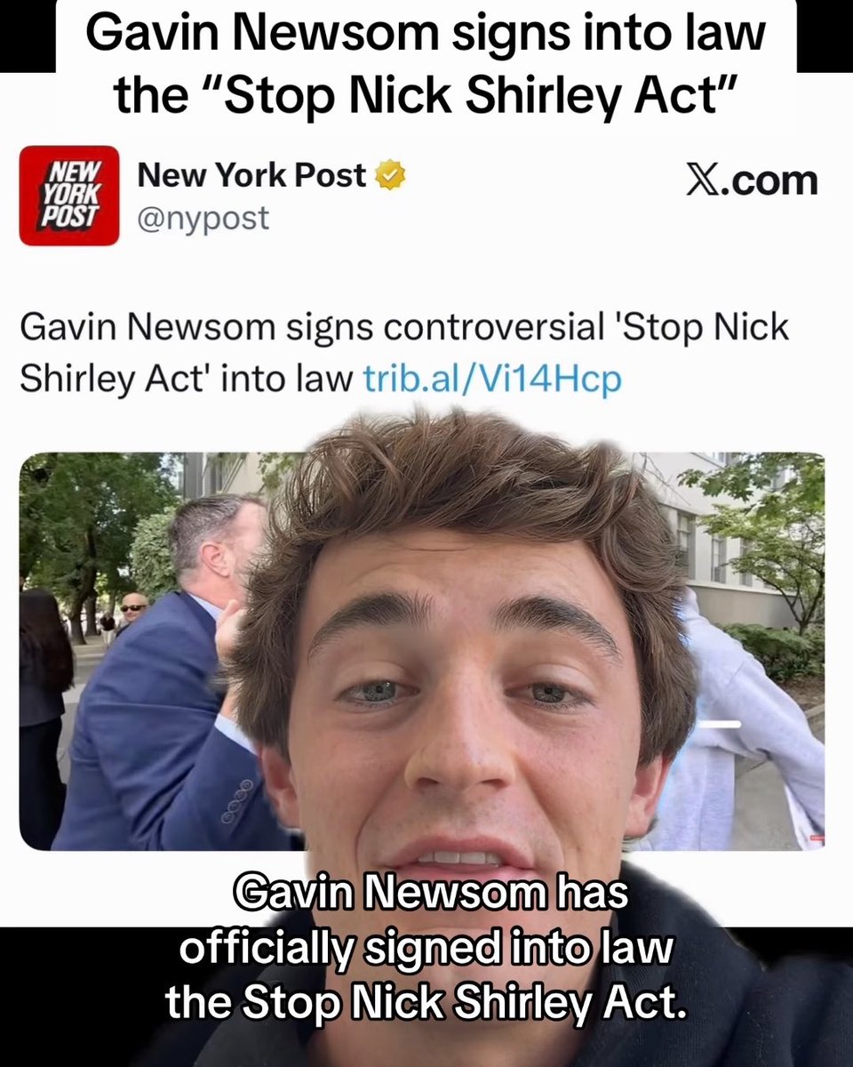 🚨 It’s official the “Stop Nick Shirley Act” AB 2624 is now law in California. This bill was created by the Attorney General’s WIFE after I exposed widespread fraud inside immigrant communities in America and now they want to penalize journalists and citizens for looking into potential fraud inside of “immigration support service providers”. Enough is enough, how much longer will you let these people get away with this? Show up to the Sacramento Capitol on Wednesday at 11am, see you there 🫡 Share this around. Fun fact, Newsom has directed over $300 million to nonprofits while governor and AG Rob Bonta when he was an assemblyman directed over $500,000 to nonprofits associated with his wife 🤔