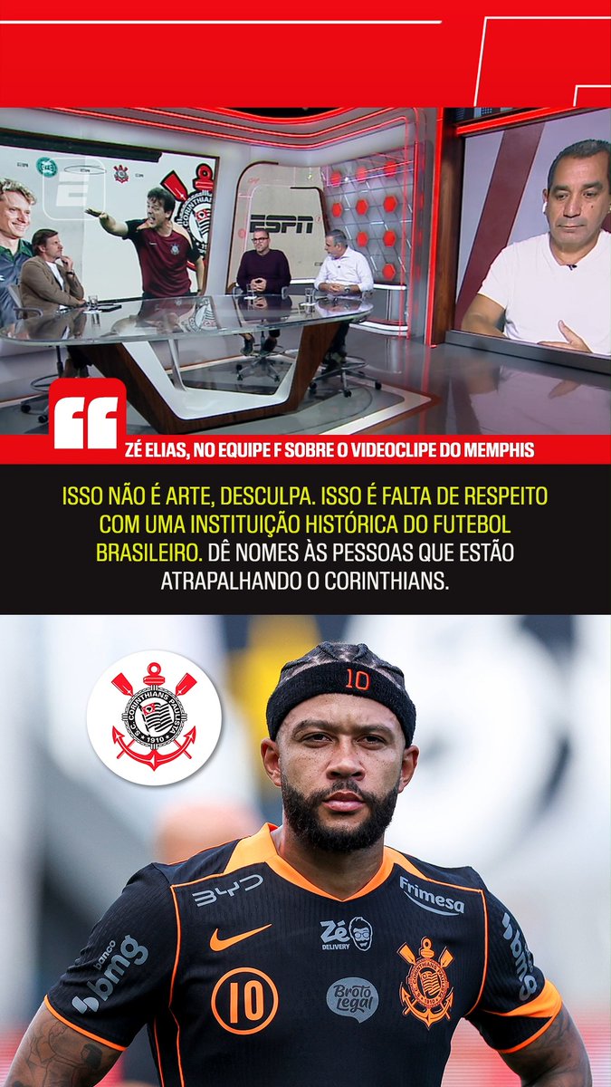 🎙️ Zé Elias critica videoclipe de Memphis “Isso não é arte, desculpa. Isso é falta de respeito com uma instituição histórica do futebol brasileiro. Dê nomes às pessoas que estão atrapalhando o Corinthians.” 📺 Zé Elias, no Equipe F da ESPN