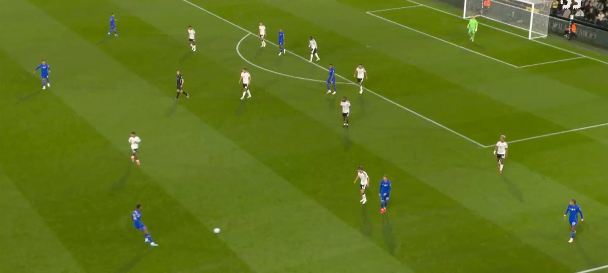 Another example of Xabi Alonso's team rotations. Palmer brings it forward in the RHS, Gusto wide; they rotate Palmer wide and Gusto inverted. Palmer is in a position for a 1v1 take-on, doesn't receive it in a way to go 1v1 and passes back; Acheampong makes an inside dart to the RHS. Central overload with Rogers, Gusto and Josh in and around the same area. Notice Chavarria, instead of pulling wide, stays inside for counterpressing purposes, and Chelsea are applying minimum width, no width on the left. Enzo plays a wonderful through ball, and Josh gets on to it. Robinson didn't know who to mark. Central attacking prioritized.