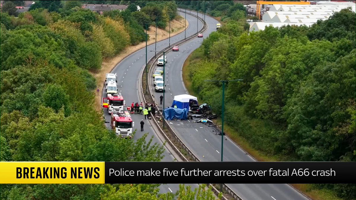BREAKING: Police investigating a fatal crash on the A66 on Teesside on Saturday have made a further five arrests, bringing the total to 17. Seven people died, including two police officers, in the crash. 📺 Sky 501 and YouTube