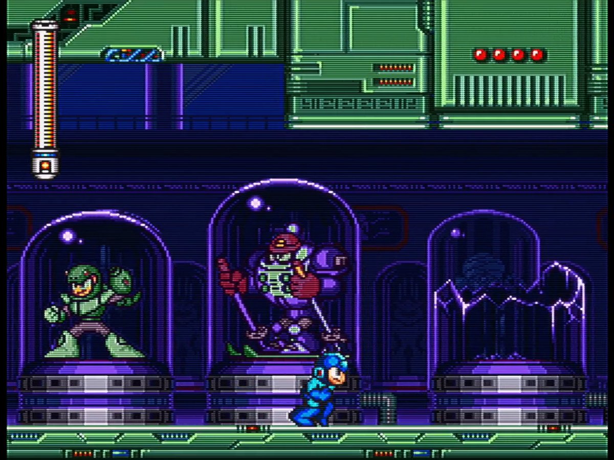 The Museum halfway through Mega Man 7 is such a fun bastion of fan service. You're instantly greeted with a SNES rendition of Snake Man's iconic opening stinger that transitions directly into the Guts Man melody. The 16-bit bosses on display are absolute eye candy. #RetroGaming