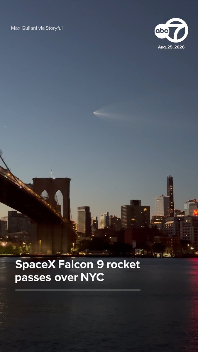 A SpaceX Falcon 9 rocket passes over the Brooklyn Bridge in NYC about 15 minutes after launch from Cape Canaveral in Florida on Tuesday morning.