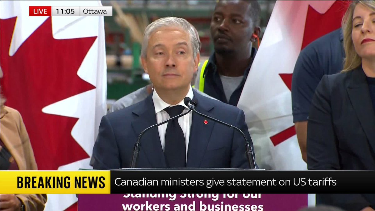 BREAKING: 'Canadians will meet the moment.' Canadian ministers have given a defiant statement in response to Donald Trump raising tariffs on some Canadian goods after talks between the two countries collapsed. Minister Francois-Philippe Champagne said the government will support workers, industry and businesses 'for as long as it takes'. It comes as the Canadian government announced it will impose retaliatory tariffs on US imports. 🔗