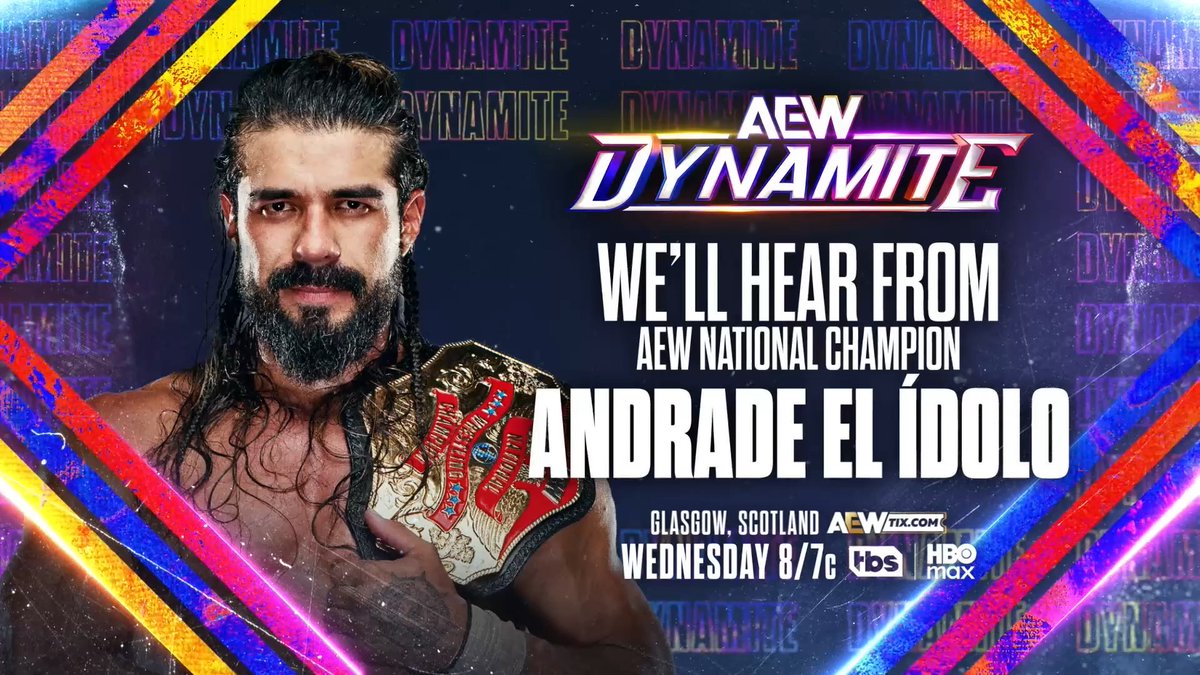 #AEWDynamite 8/7c, TBS & HBO Max Tomorrow, 8/26! We'll Hear from AEW National Champion Andrade “El Idolo” The Real Latino Man! "The Real Latino Man" can’t wait to get his hands on Maxwell Jacob Friedman™️ ahead of the Casino Gauntlet Match at #AEWAllIn London. We'll hear from Andrade in Glasgow, TOMORROW!