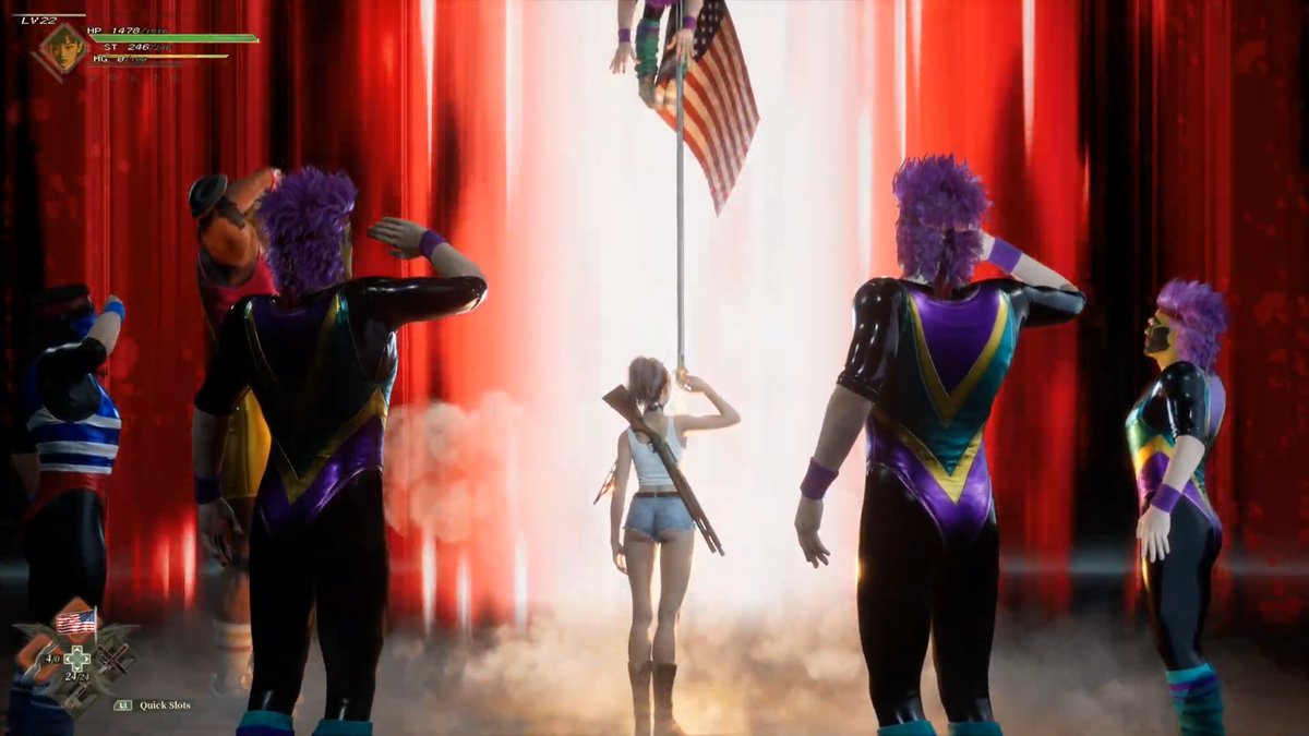 Showa American Story takes place in an alternate post-apocalyptic universe where Japan's influence has dominated America. Play as a stuntwoman who has resurrected from the dead and experience 80s pop culture like you've never seen before. #Gamescom2026