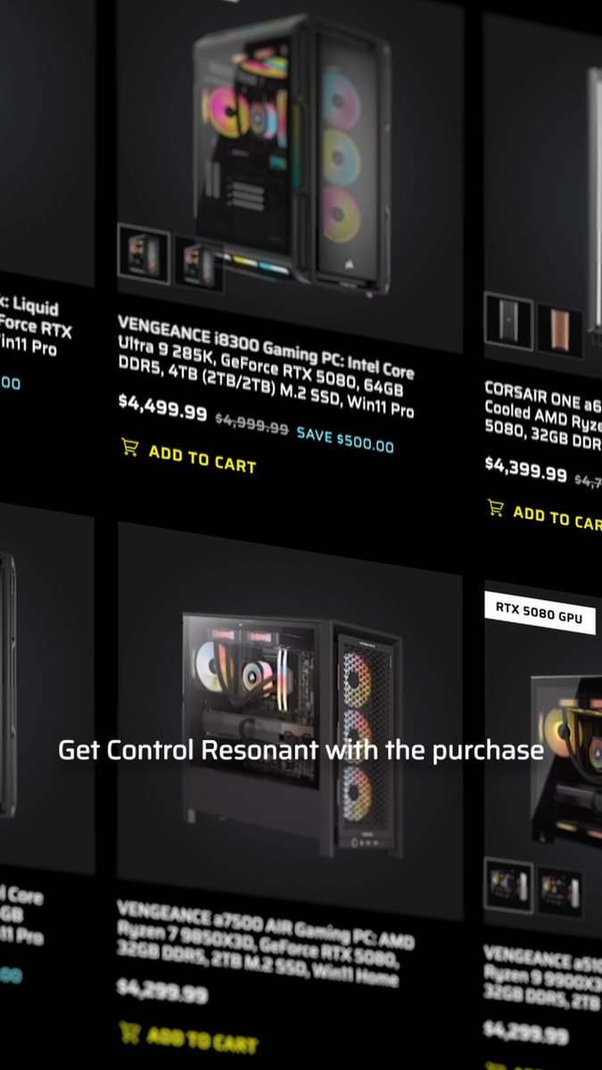 Ultimate Upgrade. Powers Unleashed. Get CONTROL Resonant with the purchase of qualifying CORSAIR Gaming PCs powered by GeForce RTX™ 50 Series through September 29. Experience a warped Manhattan brought to life with GeForce RTX™ 50 Series and NVIDIA DLSS 4.5. Take CONTROL with CORSAIR and RTX. #RTXOn Buy CORSAIR: