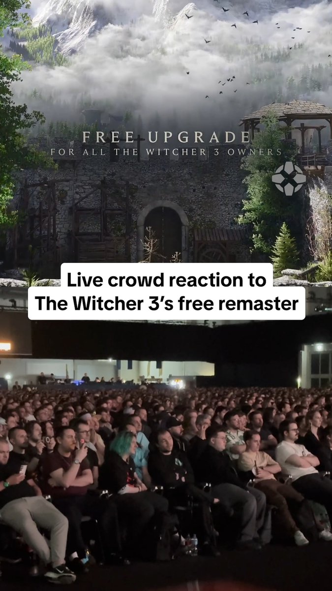 The #gamescom2026 crowd reacts to the surprise that the new Remastered version of The Witcher 3: Wild Hunt will be free to everyone who owns the base game! #OpeningNightLive