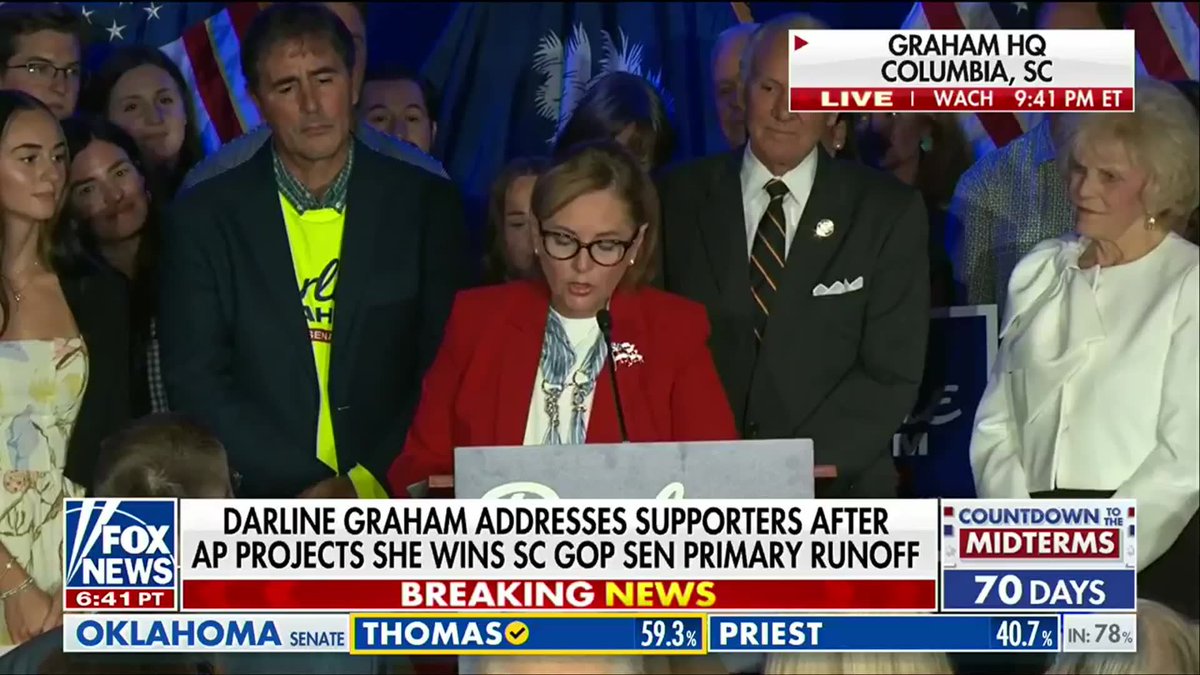 "Thank you, Lindsey, for your service to South Carolina and to this country. It's just not the same without you here." Darline Graham gets emotional remembering her late brother, Sen. Lindsey Graham, after winning South Carolina's GOP Senate primary runoff. Graham paid tribute to her brother's legacy and years of service as she moves forward in the race to fill the Senate seat he once held.
