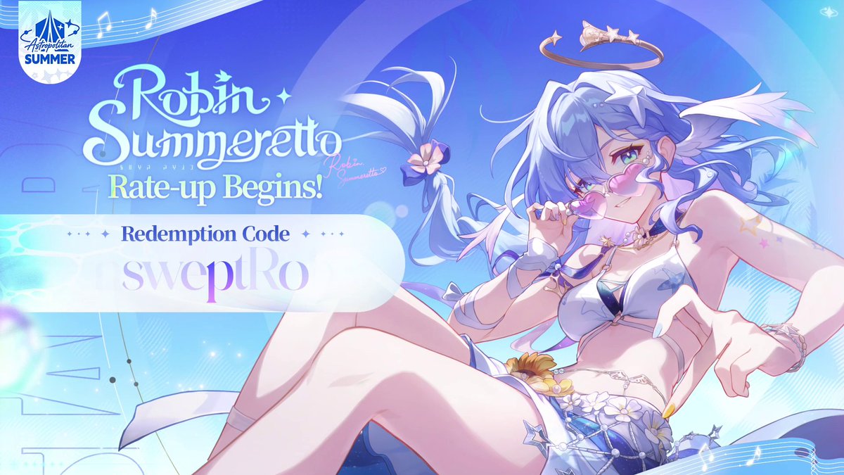 Robin • Summeretto rate-up begins! What kind of new memories do you want to make with her this magical summer? Follow & repost this post with the hashtag "SummerMomentsWithRobin" and write down the summer memories you want to create, and you'll have a chance to win Stellar Jades and merch rewards Rewards: Robin • Summeretto Character Merchandise: 20 winners Stellar Jade ×60: 120 winners