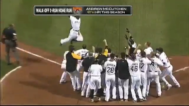 August 25, 2009: Andrew McCutchen hit his 1st career walk-off HR and tops it off w/ a great celebration.