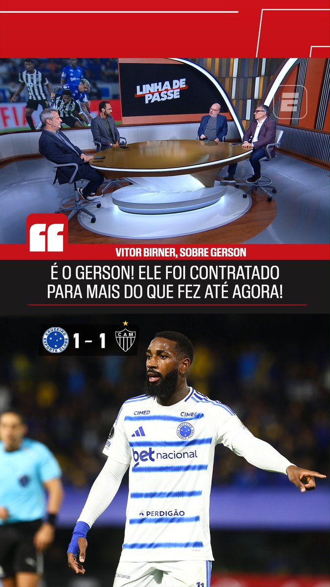 "Pelo Cruzeiro, o Gerson tem 33 jogos, 3 assistências e nenhum gol. É o Gerson! Ele foi contratado para fazer mais do que fez até agora." 🎙️ Vitor Birner, na ESPN. 🎥 ESPN Brasil | SportsCenter Brasil