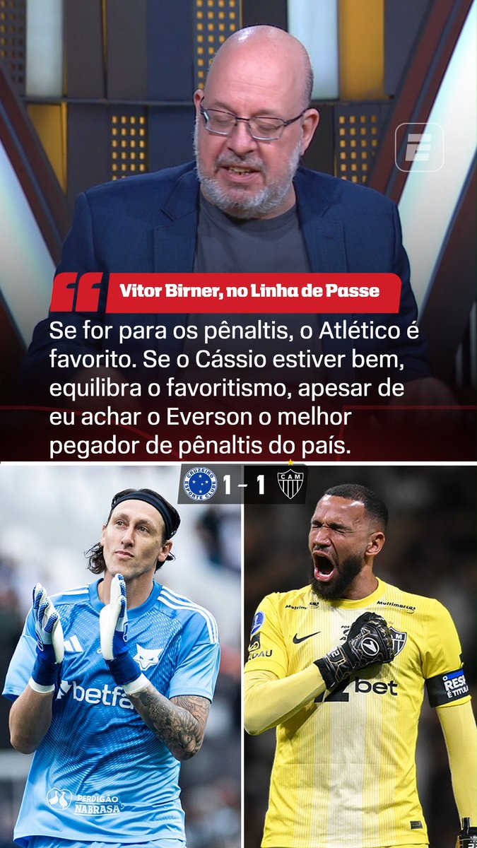 "Se for para os pênaltis, o Atlético-MG é favorito (contra o Cruzeiro). Se o Cássio estiver bem, equilibra, acaba o favoritismo, apesar de eu achar o Everson o melhor pegador de pênaltis do Brasil. Mas o Cássio é o Cássio." 🎙️ Vitor Birner, na ESPN. 🎥 ESPN Brasil | SportsCenter Brasil