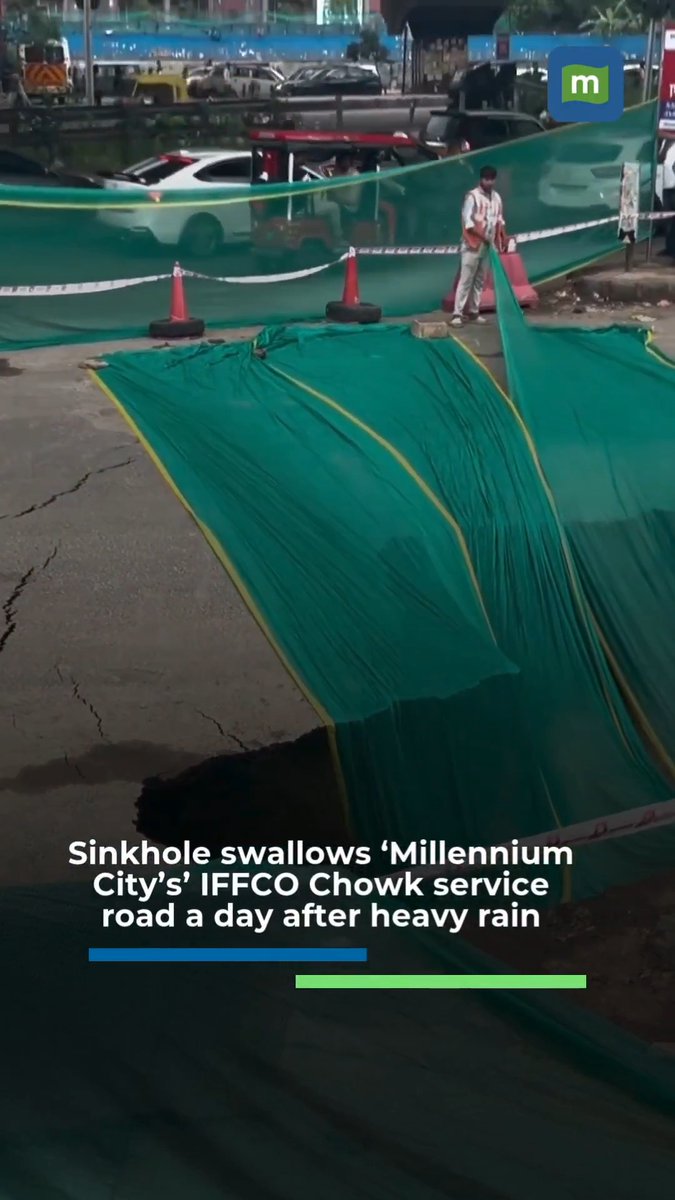 #WATCH | Gurugram's Iffco Chowk, one of the city's busiest intersections, witnessed heavy traffic disruption on Tuesday afternoon after a large sinkhole opened up on the service road following the collapse of a master sewer line. The sinkhole, measuring roughly 10 feet by 10 feet, appeared around 3 pm on a stretch near Westin Hotel on the Delhi-Jaipur side. It came a day after heavy rain had left several parts of Gurugram waterlogged. Traffic police moved in to barricade the affected stretch and diverted vehicles to alternative routes while repair crews were rushed to the spot, according to a report. Visuals from the spot showed the extent of the cave-in, with barricades put up around the crater as commuters navigated the diversion.