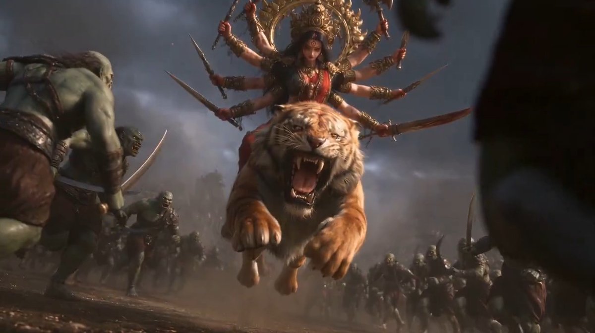 Durga, the Hindu goddess of war and protection. Warrior mother, slayer of demons, riding into battle on her tiger.