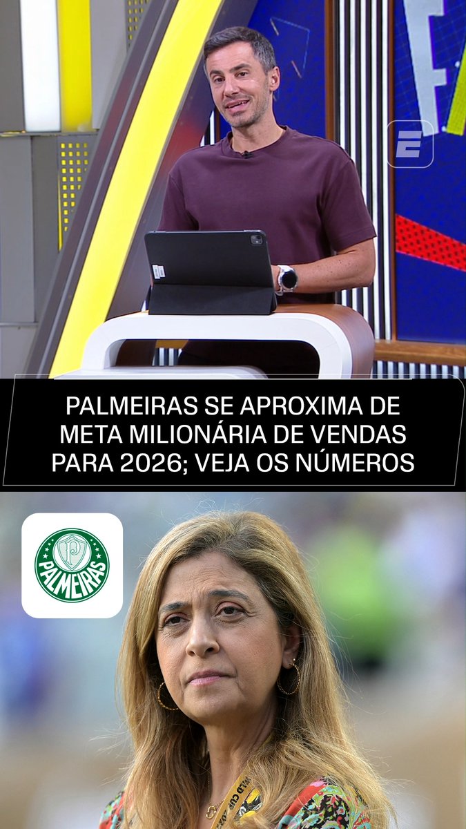 Durante o Fala a Fonte, Bruno Vicari e Bruno Andrade apresentaram os números das vendas do Palmeiras, que se aproximam muito da meta estabelecida pelo clube. Com as negociações do goleiro Kaique ao Sporting, de Portugal, por 4 milhões de euros (R$ 24 milhões), e do meia-atacante Allan Elias, ao Manchester City, por 37,5 milhões de euros (R$ 225 milhões), o clube obteve R$ 346,8 milhões com negociações de atletas. A meta estipulada no final de 2025 é de R$ 399,6 milhões. 👉 Saiba TUDO sobre o mercado da bola no Fala a Fonte, ao vivo, de segunda a sexta, no YouTube da ESPN Brasil! #FalaFonte #FutebolNaESPN