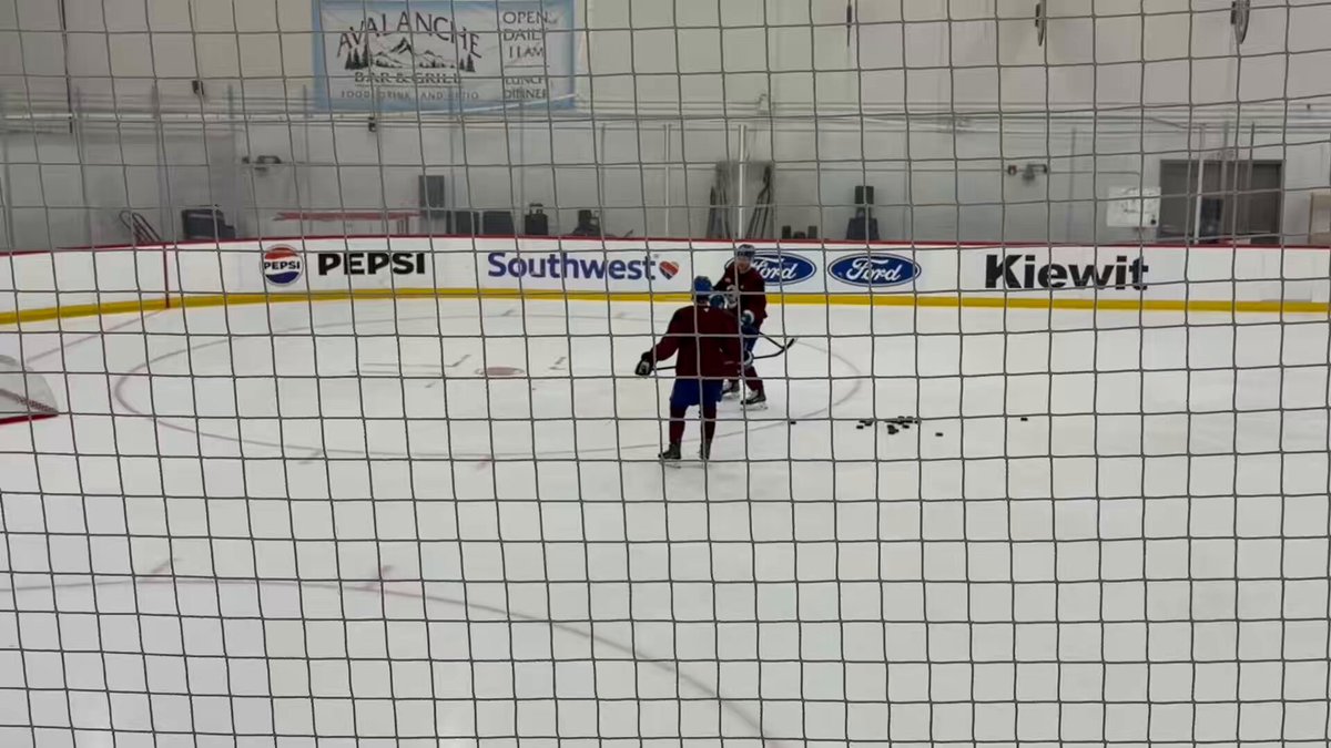 Gabe Landeskog being the Captain he is and giving T.J. Hughes some pointers before they start drills. #goavsgo The Hockey News