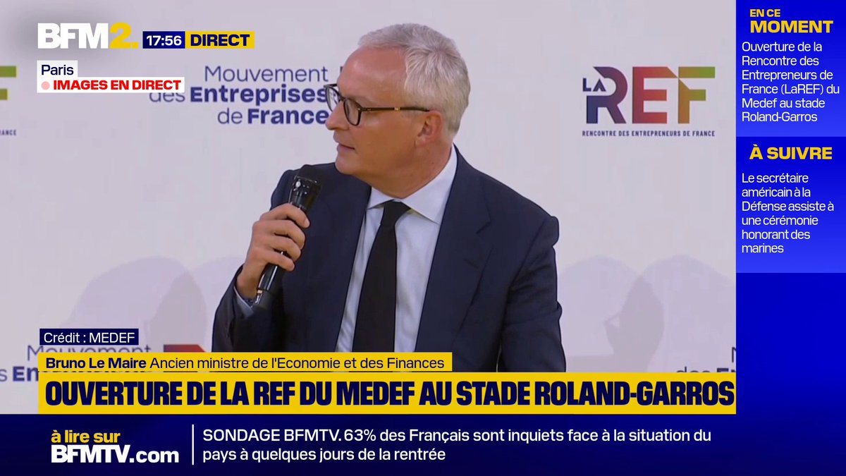 💬 "J'ai toujours dit du bien de Total parce que c'est une grande entreprise française qui fait la fierté de la France" ➡ Invité à la REF du Medef, Bruno Le Maire affirme qu'il faut défendre "les chefs d'entreprise et ceux qui créent des emplois dans notre pays" #BFM2