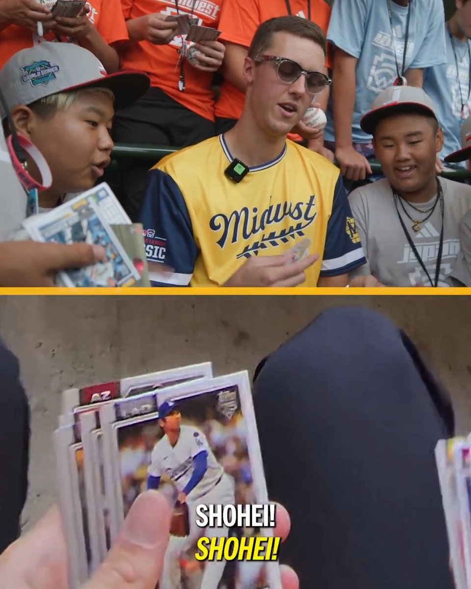 Jacob Misiorowski opened baseball packs with little leaguers while wearing Oakley Meta Glasses at the #LittleLeagueClassic 👏 One lucky little leaguer received a Shohei Ohtani card!