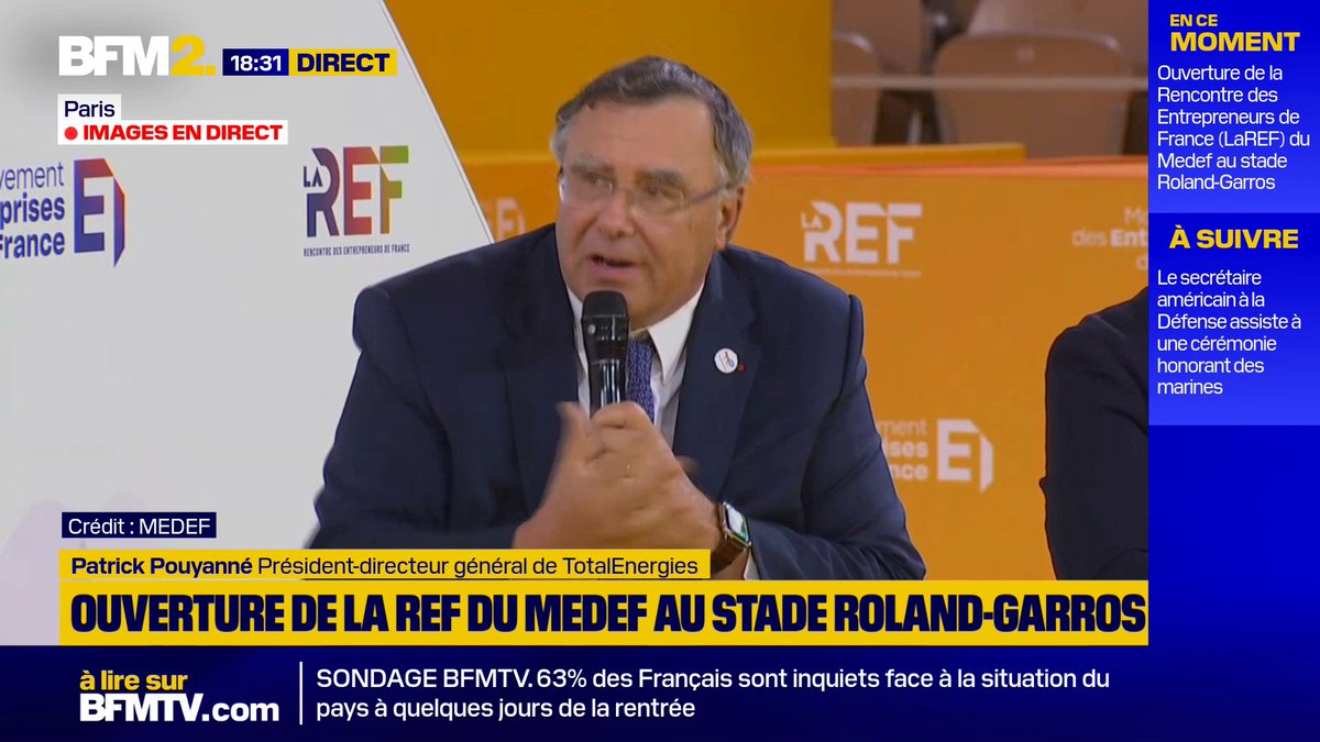 💬 "Aujourd'hui si je veux augmenter un de mes salariés de 100 euros, je vais payer 300 euros" Patrick Pouyanné, PDG de TotalEnergies, appelle à ce que "le système de charges favorise le travail" #BFM2