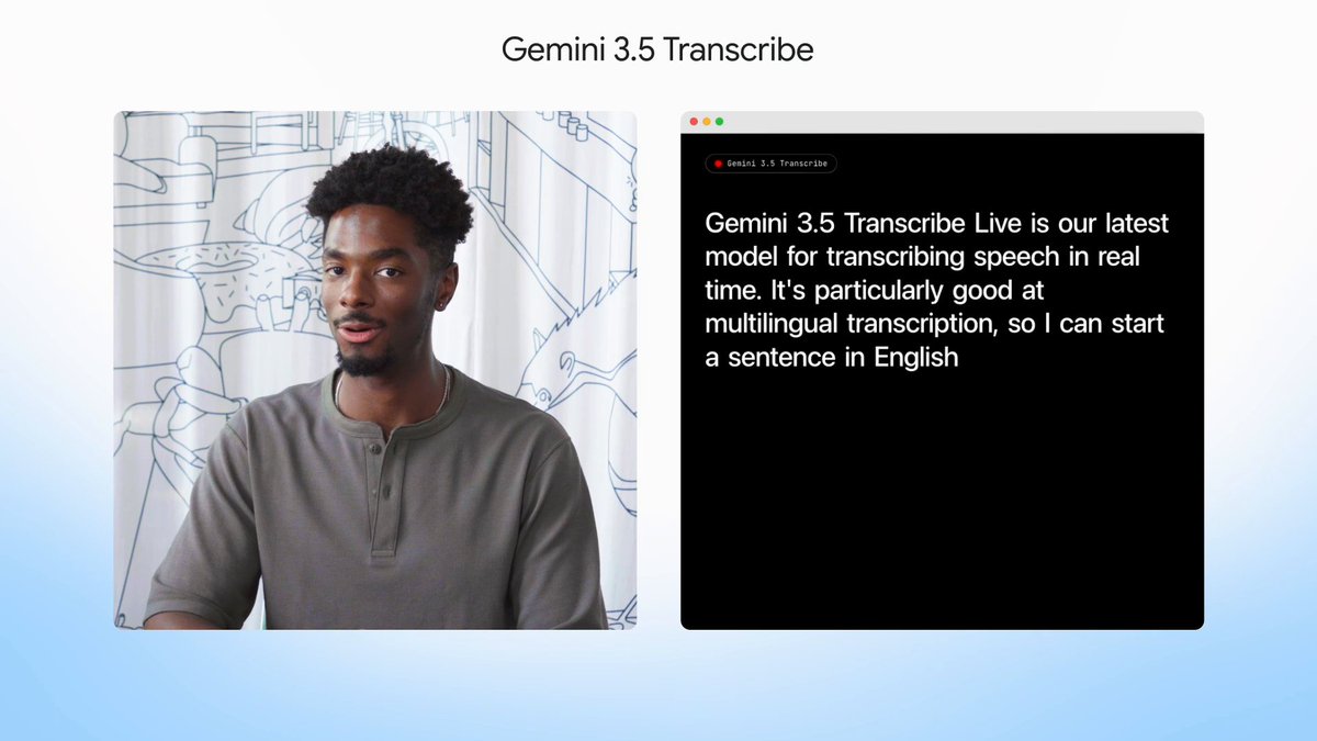 Introducing Gemini 3.5 Transcribe, our latest speech-to-text model—available in two distinct model strings: ⚡ Real-time streaming: gemini-3.5-transcribe-live-preview 📁 Pre-recorded audio processing: gemini-3.5-transcribe-preview Let's talk through them 🧵↓