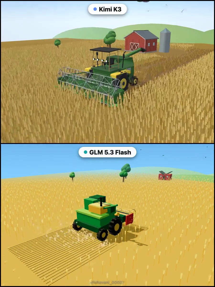 I tested GLM 5.3 Flash vs Kimi K3. Same prompts, both capped at $2 per scene. > Same cost, but GLM Flash couldn't build realistic scenes with proper physics. > Kimi K3 nailed it. It actually seemed to understand how objects should move and interact. What are your thoughts?