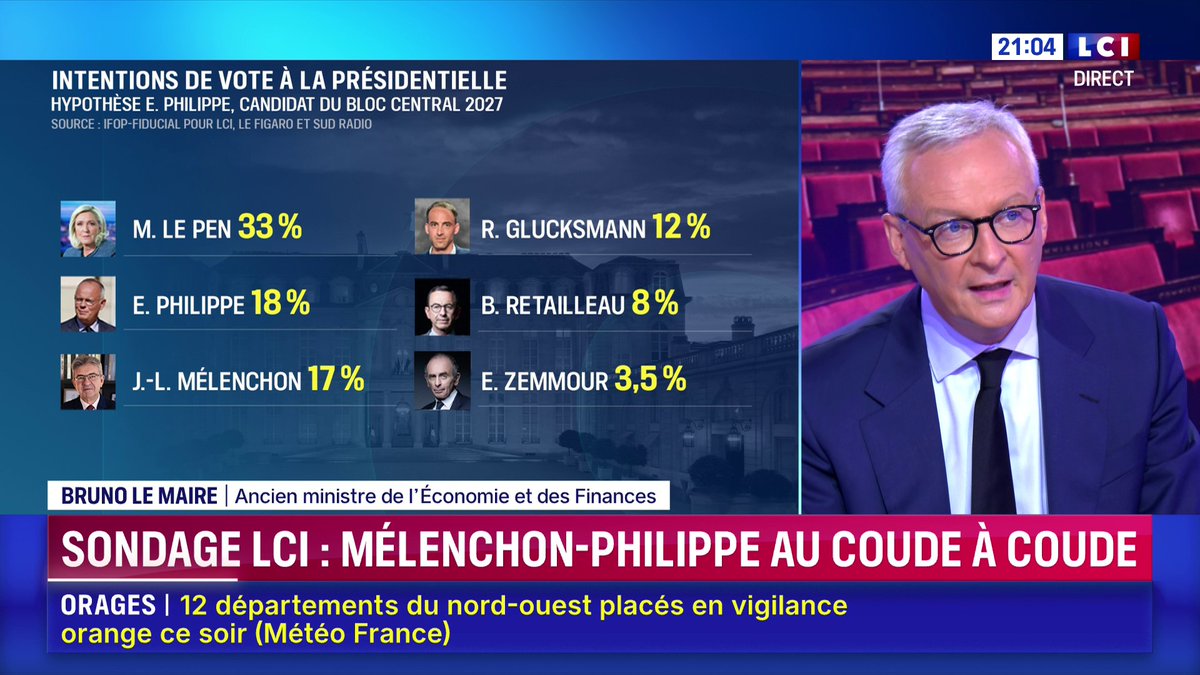 🗣️ "Je ne veux pas vivre dans un pays dirigé par La France insoumise ou le Rassemblement national", affirme Bruno Le Maire 📺 Face à Darius Rochebin