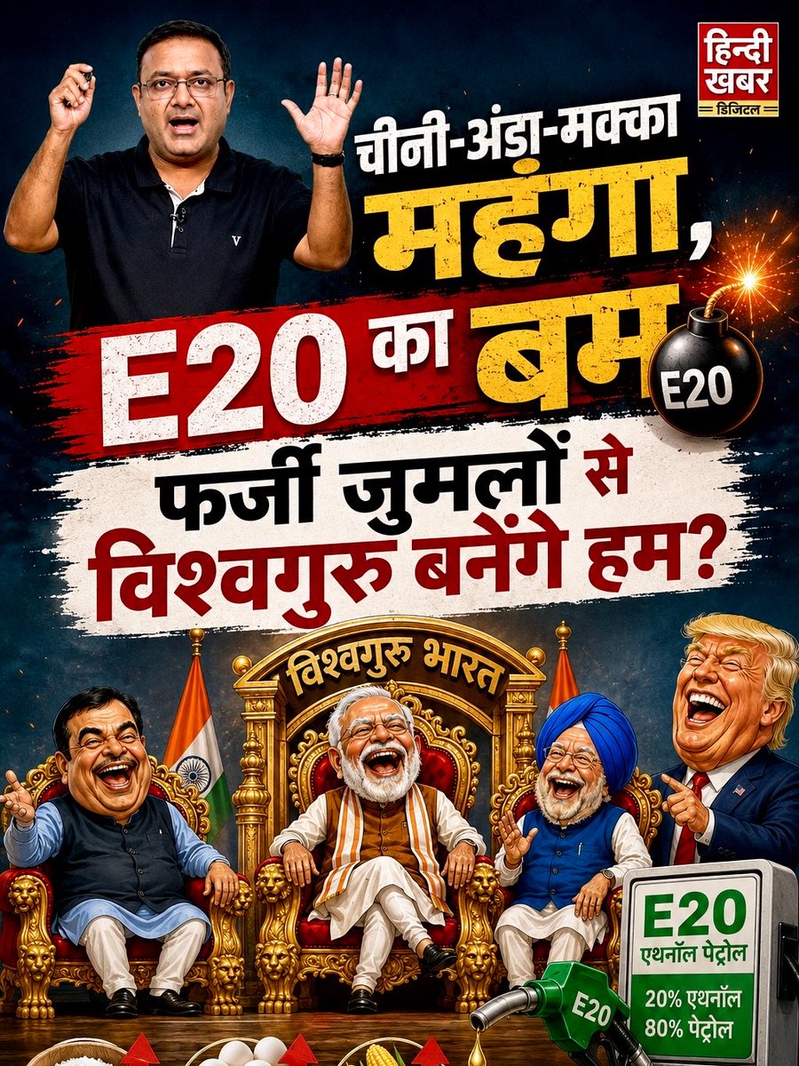 चीनी-अंडा-मक्का महंगा, E20 का बम… फर्जी जुमलों से विश्वगुरु बनेंगे हम? कहां तो देश को आत्मनिर्भर बनाना था. किसानों की आय बढ़ाना था. पेट्रोल में एथेनॉल मिलाना था. कच्चे तेल का आयात घटाना था. विदेशी मुद्रा बचाना था लेकिन ज़मीनी नतीजे ढाक के तीन पात. E20 के चक्कर में शक्कर गायब. अब आई मक्के की बारी. अमेरिका से ओवर परचेज़िंग की तैयारी. गाड़ियों का माइलेज कम, खराबियां ज्यादा. हे मोदी जी, ऐसे विश्वगुरू भारत का क्या फायदा? Nitin Gadkari Office Of Nitin Gadkari Hardeep Singh Puri Arvind Kejriwal Bharat Petroleum Bharat Petroleum LPG Indian Oil Corp Ltd Ministry of Petroleum and Natural Gas #MoPNG SIAM India हिन्दी ख़बर | Hindi Khabar 🇮🇳 Living India News Tehseen Poonawalla Official 🇮🇳 Manish Kasyap Son Of Bihar #EthanolScam #NoE20Petrol #ethanolfreepetrol #StopE20petrol #fuelfreedom #India #एथेनॉल_मुक्त_पेट्रोल #ई20_पेट्रोल_बंद_करो #चीनी_कम