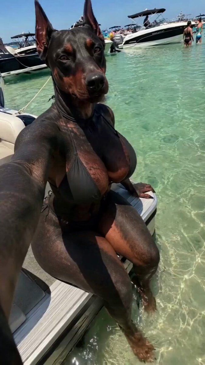 chilling my feet in the waterrr 🚢🐾 #furryart #aiart #doberman #boatday