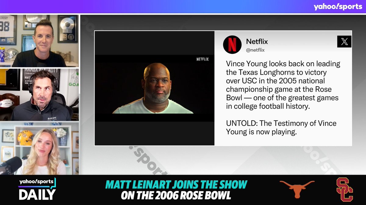 "Vince [Young] and I are still great buddies. That game still has such a major impact on college football and I think it's arguably the greatest college football game that was ever played." Matt Leinart on his friendship with his former rival and the iconic 2006 Rose Bowl Game that's still talked about 20 years later 🌹 (via Yahoo Sports Daily)