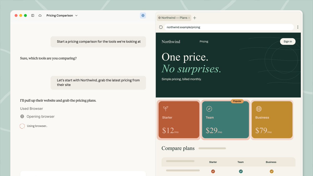 Claude now has its own built-in browser in Cowork. When your task involves a website, a browser opens in Cowork's side panel, and Claude navigates, fills forms, and finishes the job.